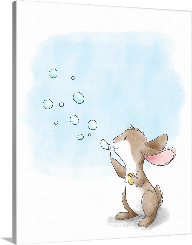 Watercolor nursery illustration of a brown bunny blowing bubbles.