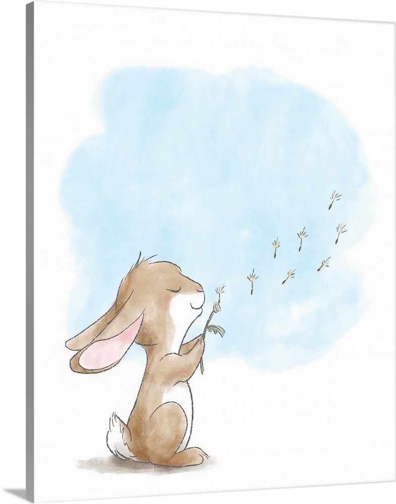Watercolor nursery illustration of a brown bunny blowing dandelion seeds.
