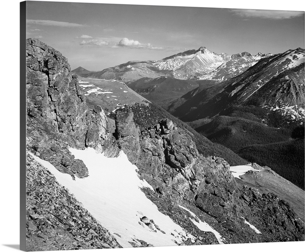 Long's Peak, Rocky Mountain National Park, panorama of barren mountains with snow.
