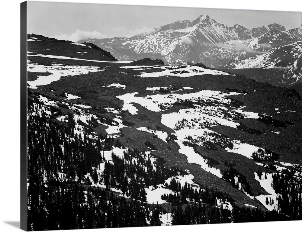 Long's Peak, Rocky Mountain National Park, panorama of plateau, snow covered mountain in background.