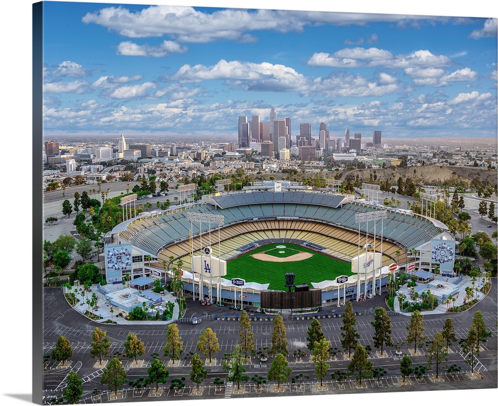 Aerial view of the Dodger Stadium with the Los Angeles skyline in the distance, California.