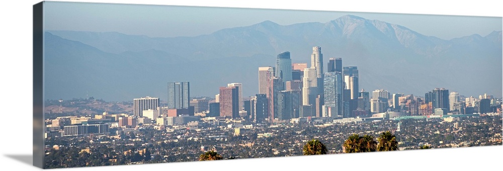 Panoramic photograph of the Los Angeles, California skyline with mountains in the background and palm trees in the foregro...