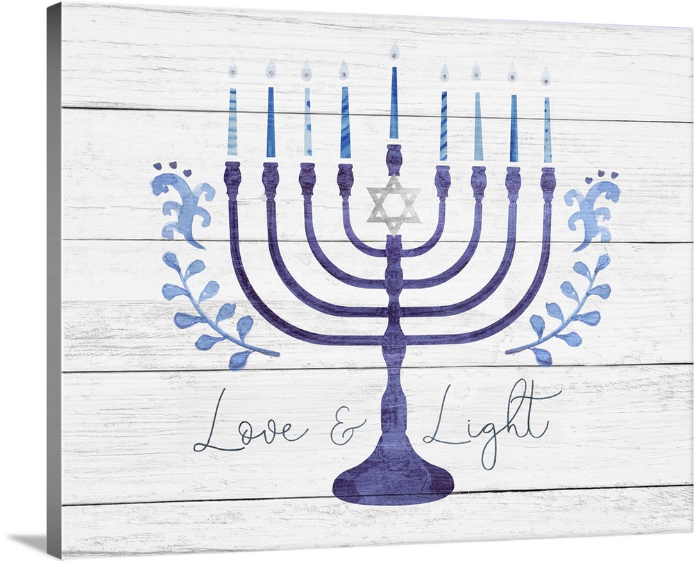 Hanukkah decorative art featuring a blue menorah and the words Love and Light on a distressed barnwood background.