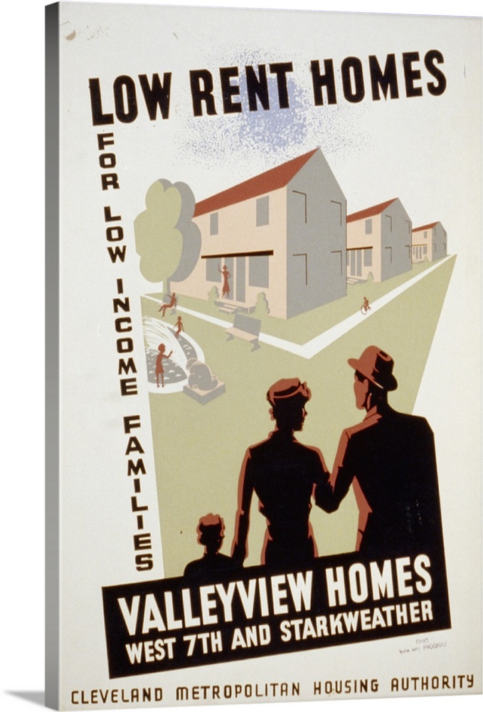 Artwork for Cleveland Metropolitan Housing Authority announcing new low income housing development, showing family looking...