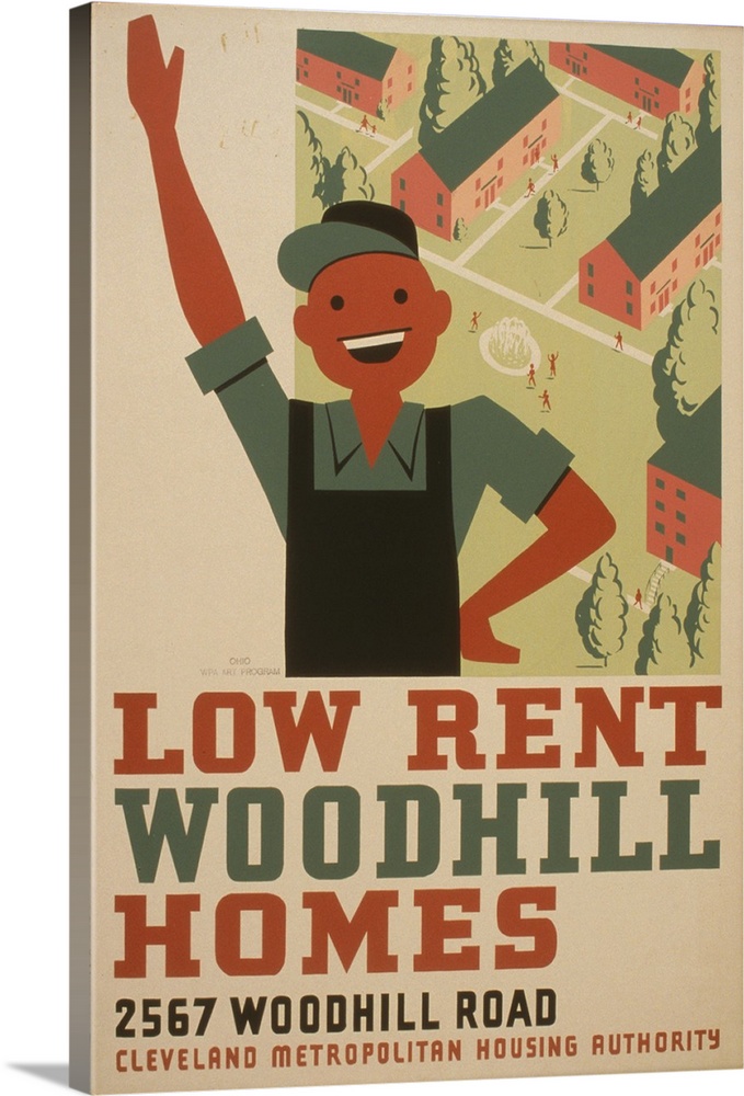 Artwork for Cleveland Metropolitan Housing Authority promoting low income housing, showing a construction worker waving wi...