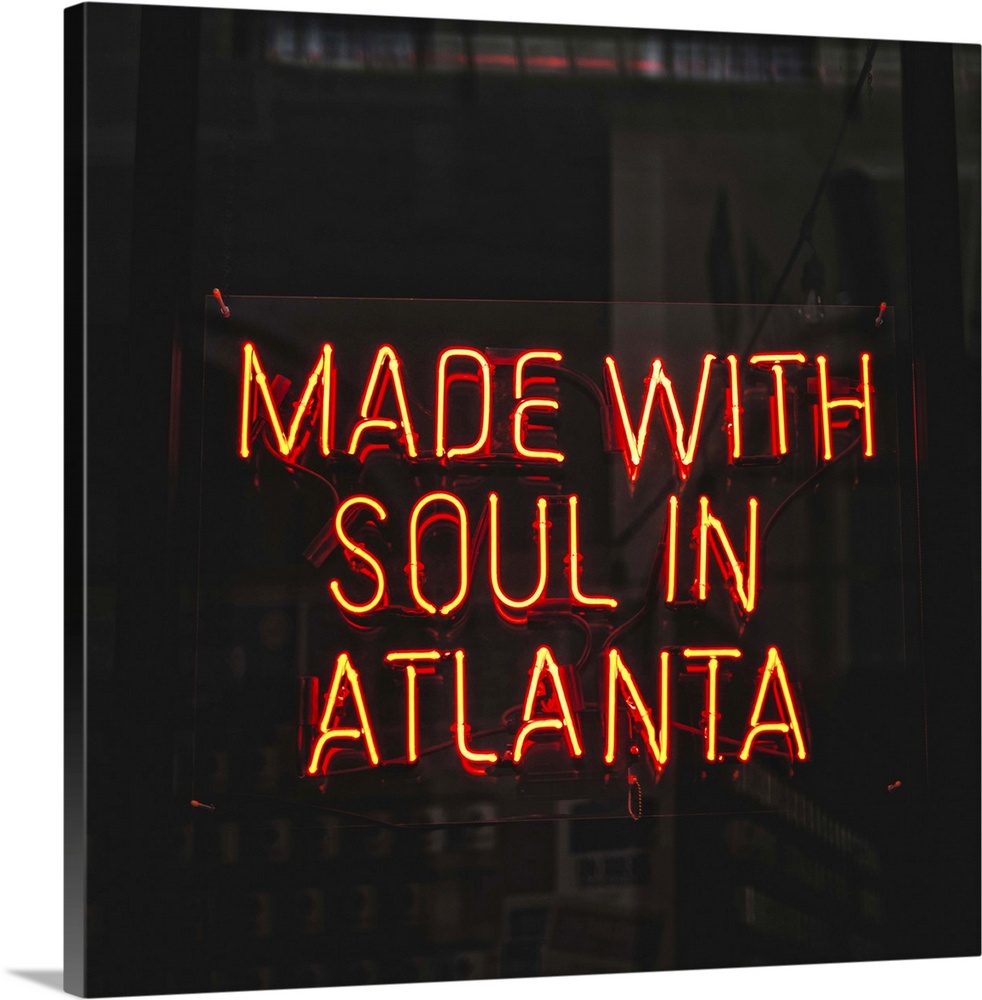 Made With Soul In Atlanta, a yellow neon sign in the window of Switchyards Downtown Club in Atlanta, Georgia.