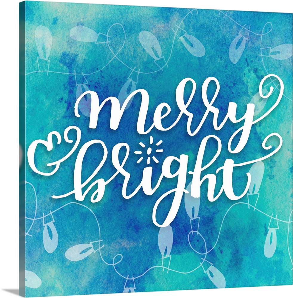 Handlettered text reading "Merry and Bright" on a blue background with Christmas lights.
