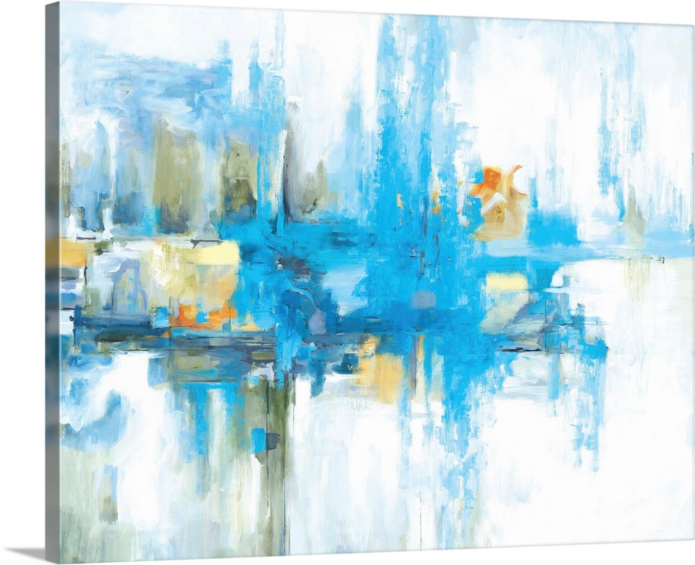 Contemporary abstract painting in vibrant shades of blue with soft yellow and grey tones.