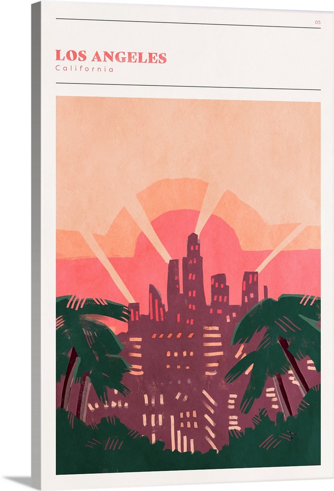 Vertical modern illustration of the city skyline of Los Angeles, CA.