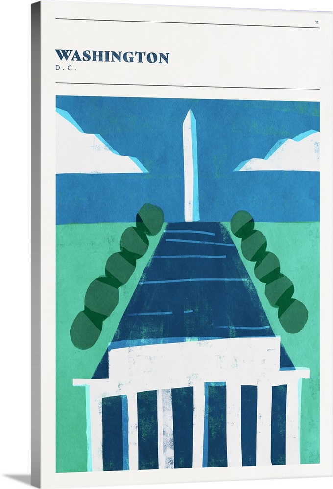 Vertical modern illustration of the Washington Monument and Lincoln Memorial in Washington, DC.