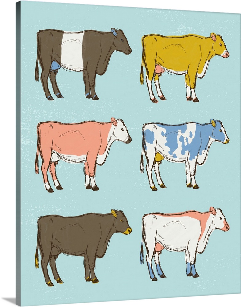 A modern illustration of multi-colored cows on a blue backdrop.