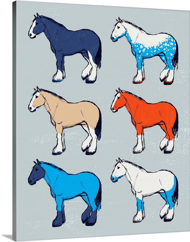 A modern illustration of multi-colored horses on a grey backdrop.