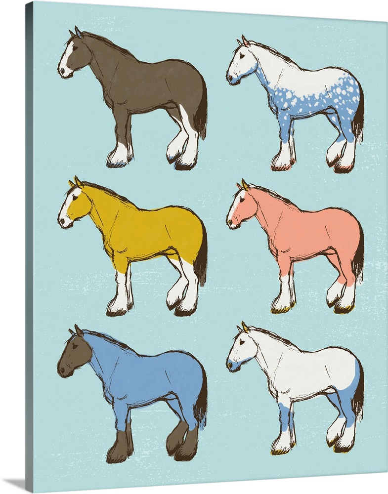 A modern illustration of multi-colored horses on a blue backdrop.