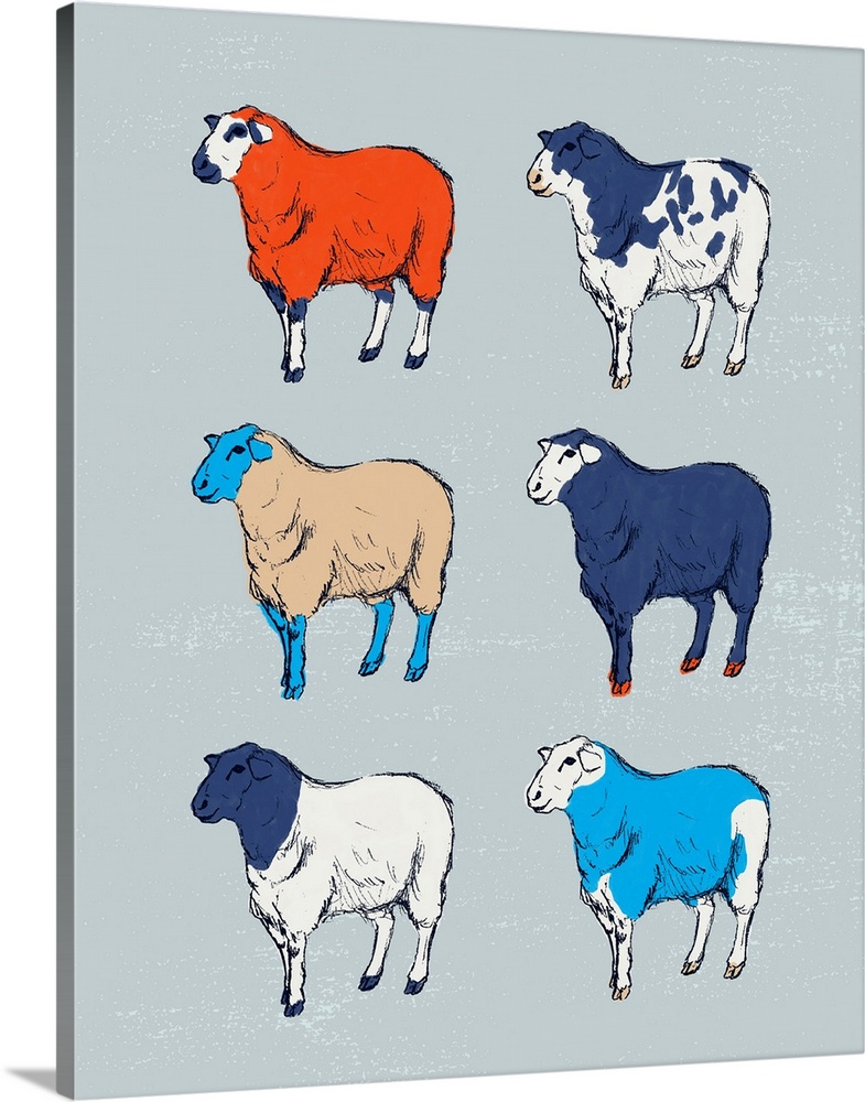 A modern illustration of multi-colored sheep on a grey backdrop.