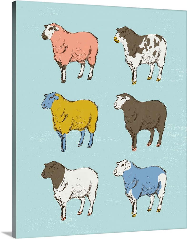 A modern illustration of multi-colored sheep on a blue backdrop.