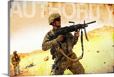 Military Grunge Poster: Authority. A soldier firing his Mk-48 machine gun