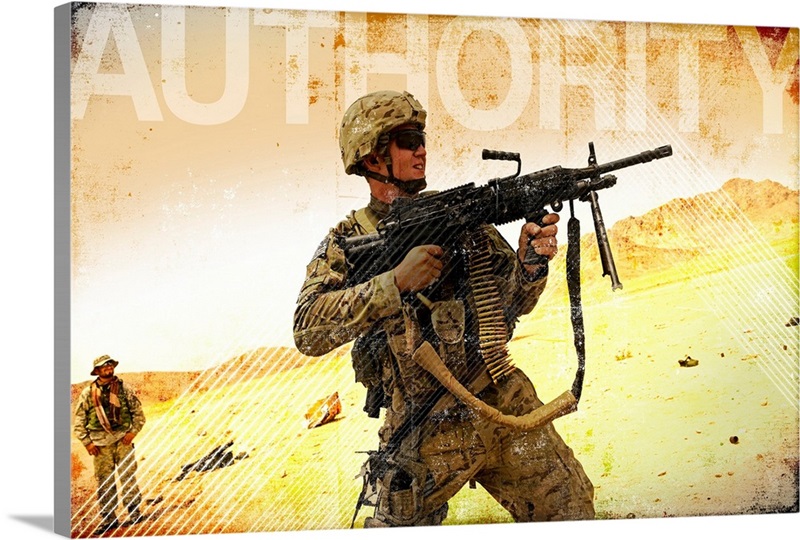 Military Grunge Poster: Authority. A soldier firing his Mk-48 machine ...