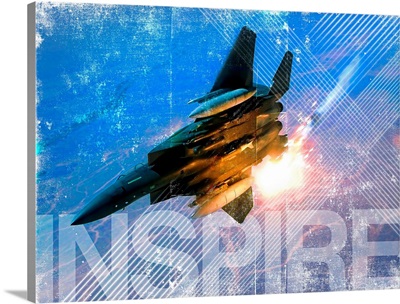 Military Grunge Poster: Inspire. An F-15E Eagle pops flares during a combat sortie