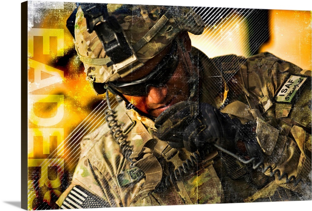 Military Grunge Poster: Leaders. U.S. Army soldier communicates to his ...