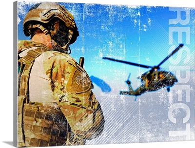 Military Grunge Poster: Respect. A pararescueman awaits the landing of an HH-60