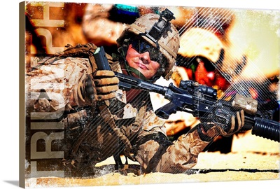 Military Grunge Poster: Triumph. A Marine shows his cleared weapon to an instructor
