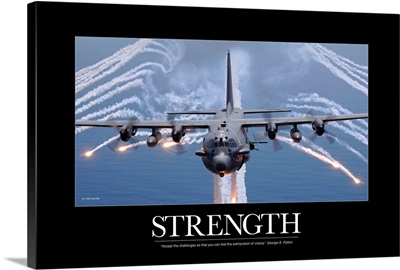 Military Motivational Poster:  An AC-130H Gunship aircraft jettisons flares
