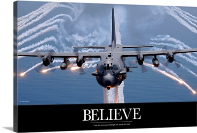 Military Poster: An AC-130H Gunship aircraft jettisons flares as a countermeasure