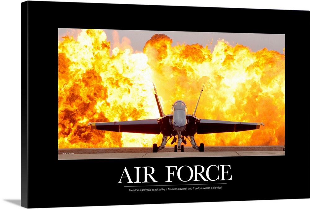 Military Poster: An F/A-18 Hornet sits on the flight line with a wall of fire behind it