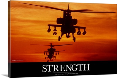 Military Poster: Four AH-64 Apache anti-armor helicopters fly in formation at dusk