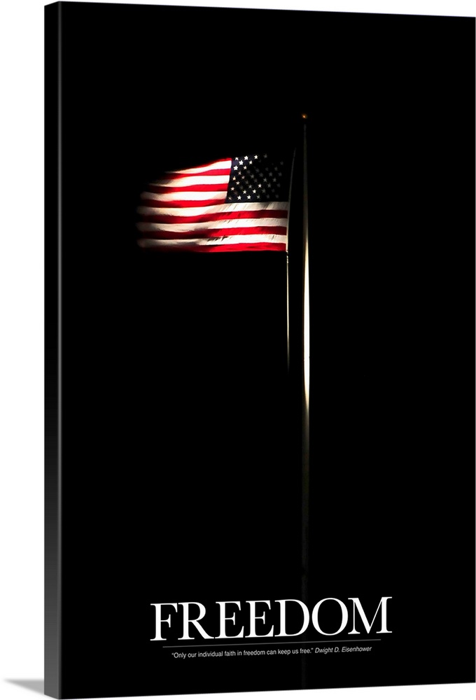 Vertical photo on canvas of an American flag shining through the dark background with text at the bottom.