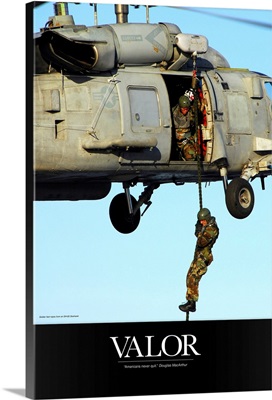 Military Poster: Soldier fast ropes from an SH-60 Seahawk