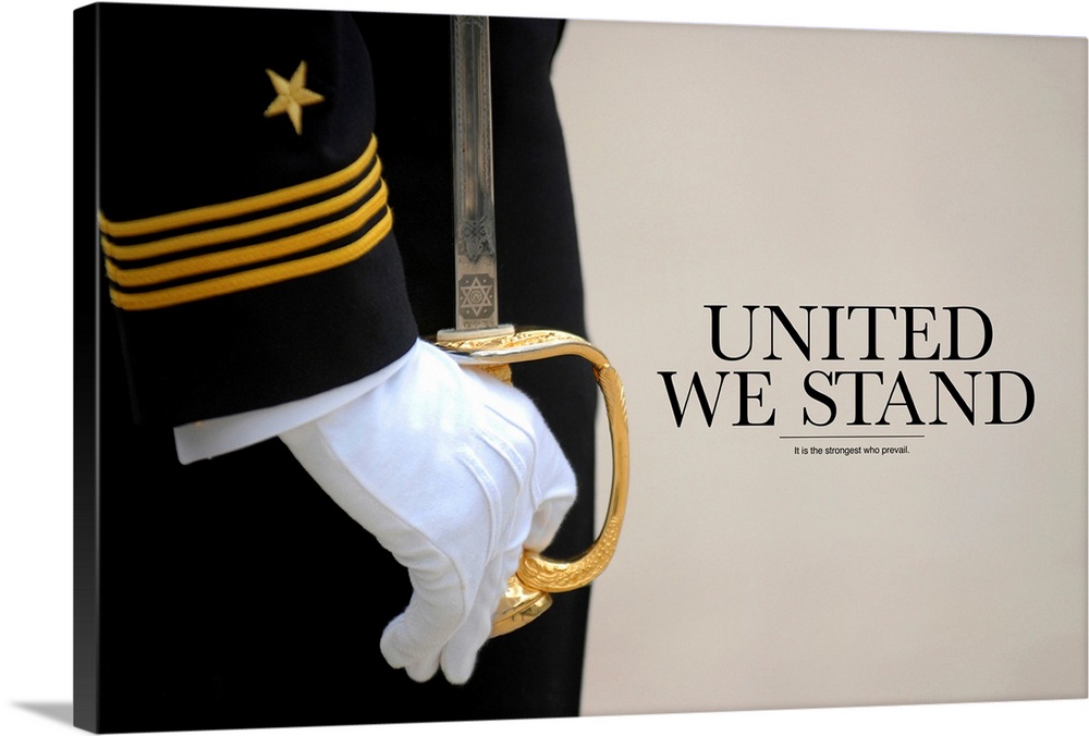 A soldiers hand is pictured as he holds the handle of a sword pointing up and the text beside it states "United We Stand".