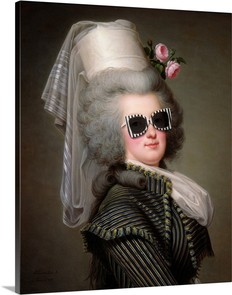 A modern version of a portrait of Marie-Antoinette in sunglasses.