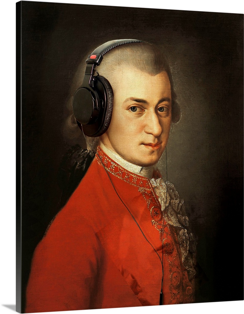 A modern portrait of Wolfgang Amadeus Mozart with headphones.