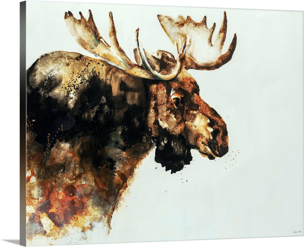 Contemporary watercolor portrait of a moose in varying shades of brown.