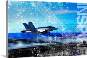Motivational Grunge Poster: An F/A-18E Super Hornet catapults from an aircraft carrier image thumbnail