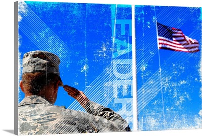 Motivational Grunge Poster: Leaders. A soldier salutes the American Flag