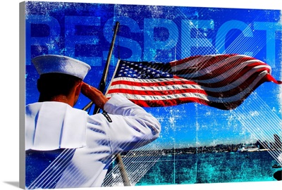 Motivational Grunge Poster: Respect. A sailor salutes the American flag