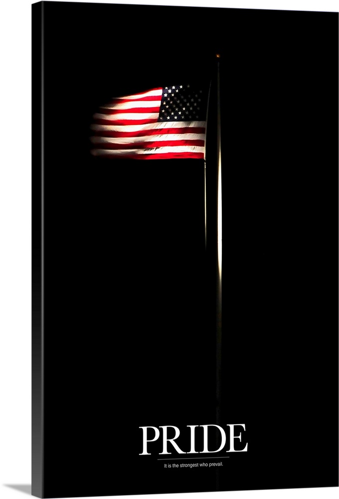 A big vertical canvas of an American flag on a pole waving in the wind highlighted against a dark background. The text "Pr...