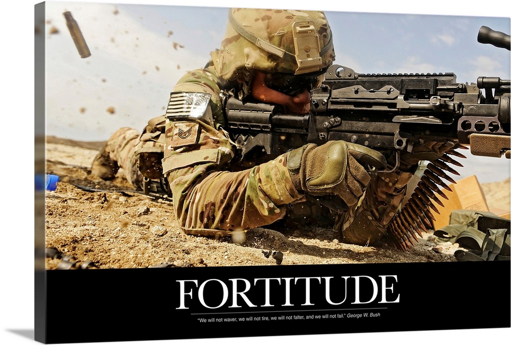 Inspirational poster with the image of a soldier on the ground shooting a gun with shells flying everywhere.