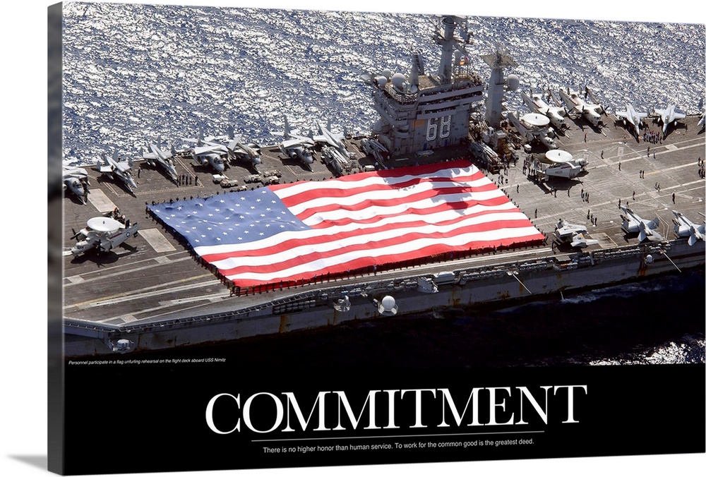 Inspirational Commitment print showing the flag of the United States of America stretched across the flight deck of the U....