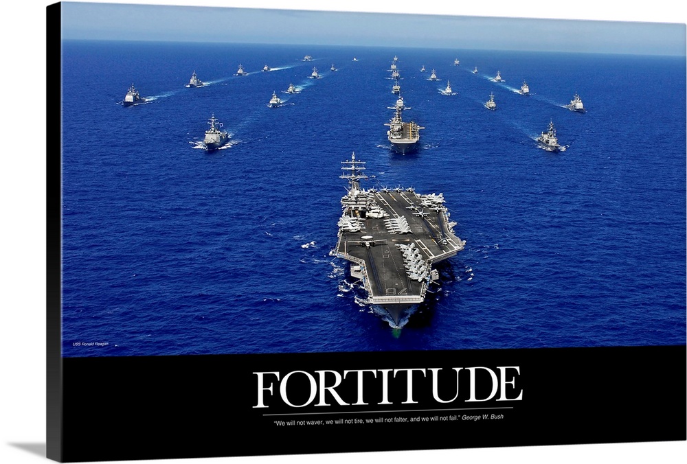 A big piece that is a picture of the navy fleet in the open ocean with the word "Fortitude" below it.