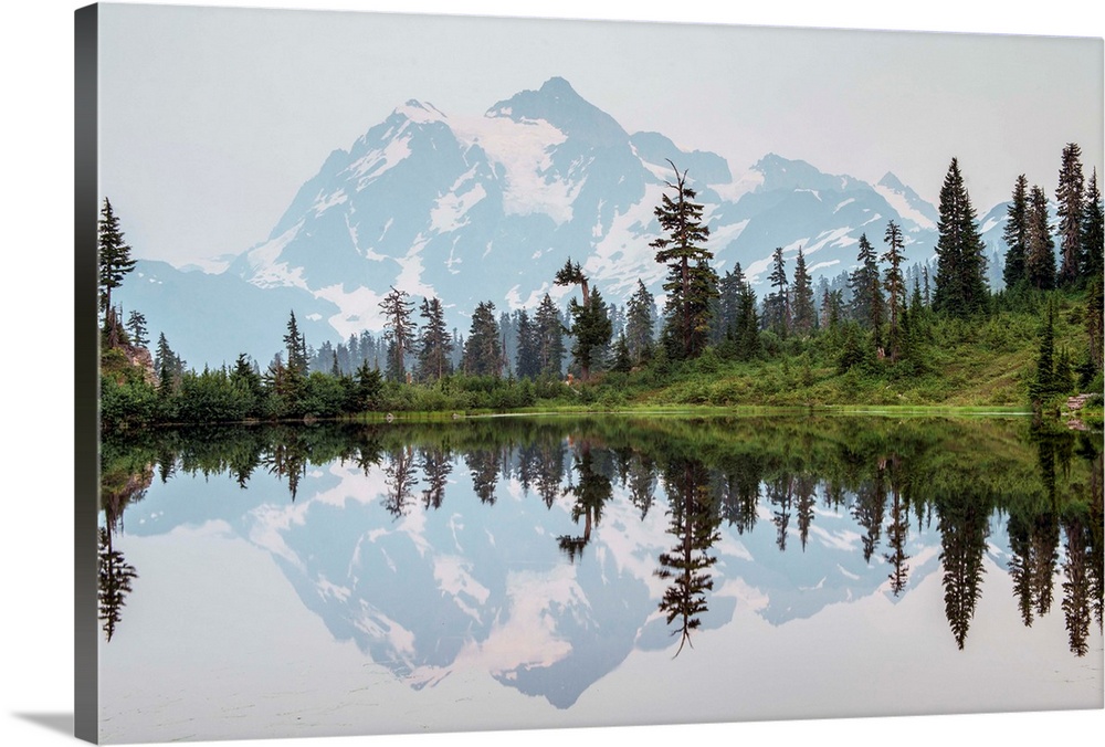 Mount Shuksan's Peak is reflected in Picture Lake near Mount Shuksan, Washington.