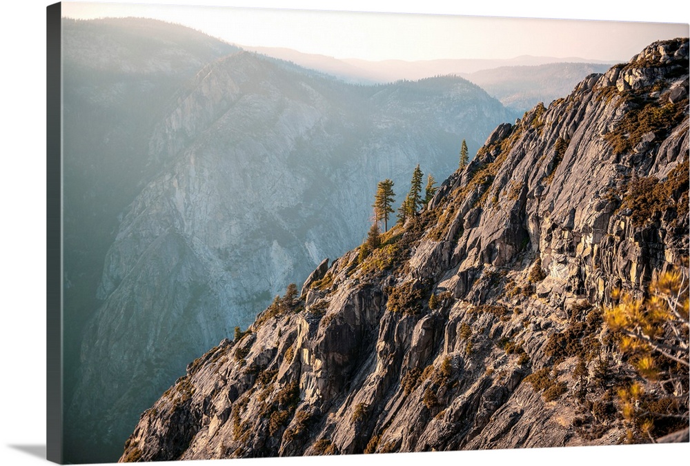 View of the side of a mountain from Taft Point in Yosemite National Park, California.