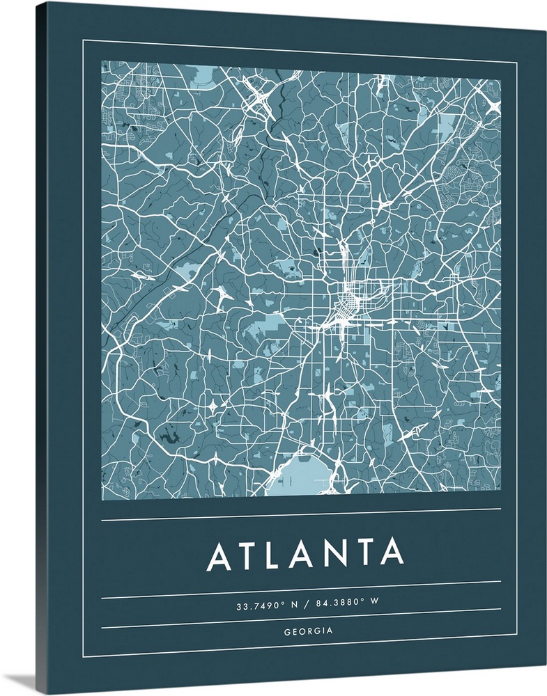 Navy minimal city map of Atlanta, Georgia, USA with longitude and latitude coordinates.