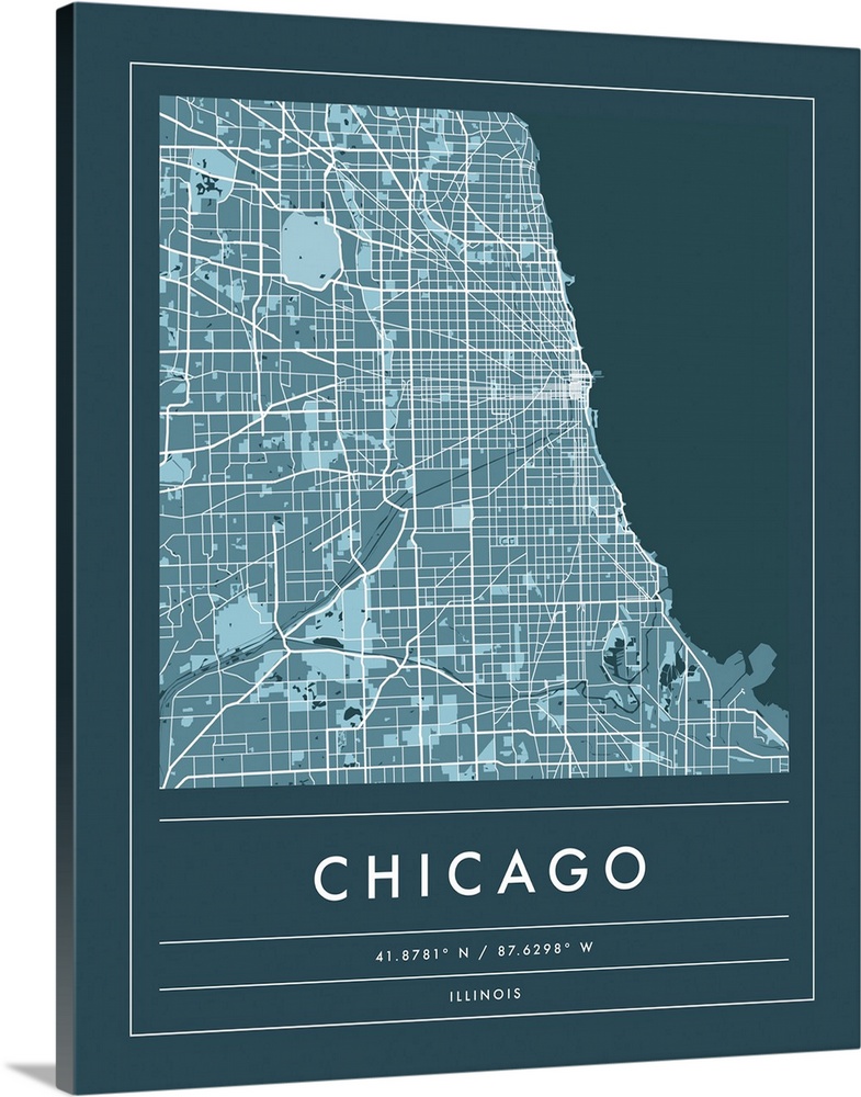 Navy minimal city map of Chicago, Illinois, USA with longitude and latitude coordinates.