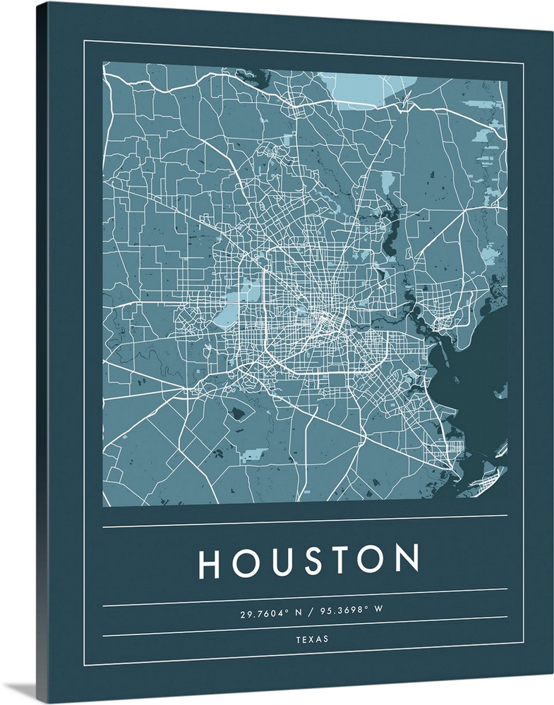Navy minimal city map of Houston, Texas, USA with longitude and latitude coordinates.