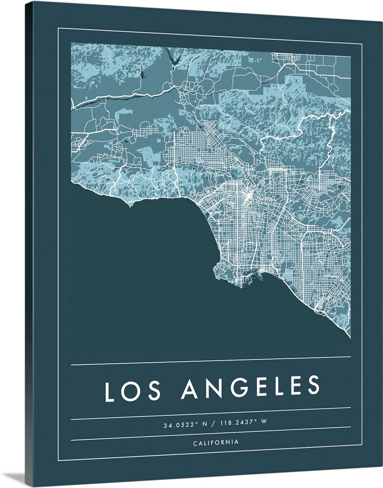 Navy minimal city map of Los Angeles, California, USA with longitude and latitude coordinates.