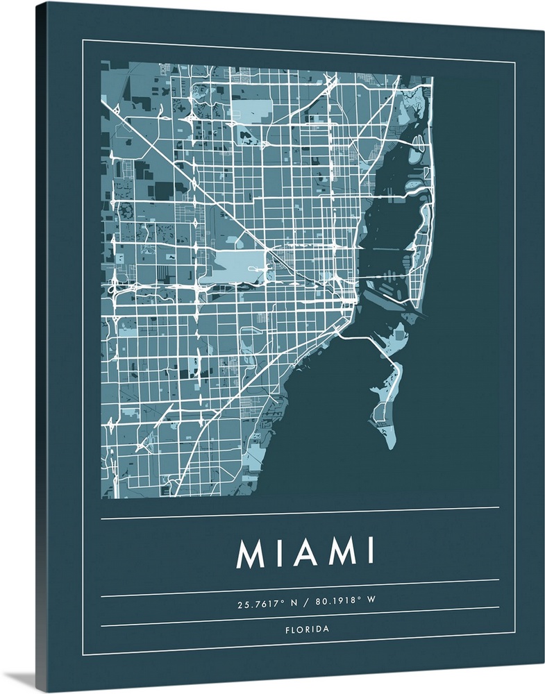 Navy minimal city map of Miami, Florida USA with longitude and latitude coordinates.