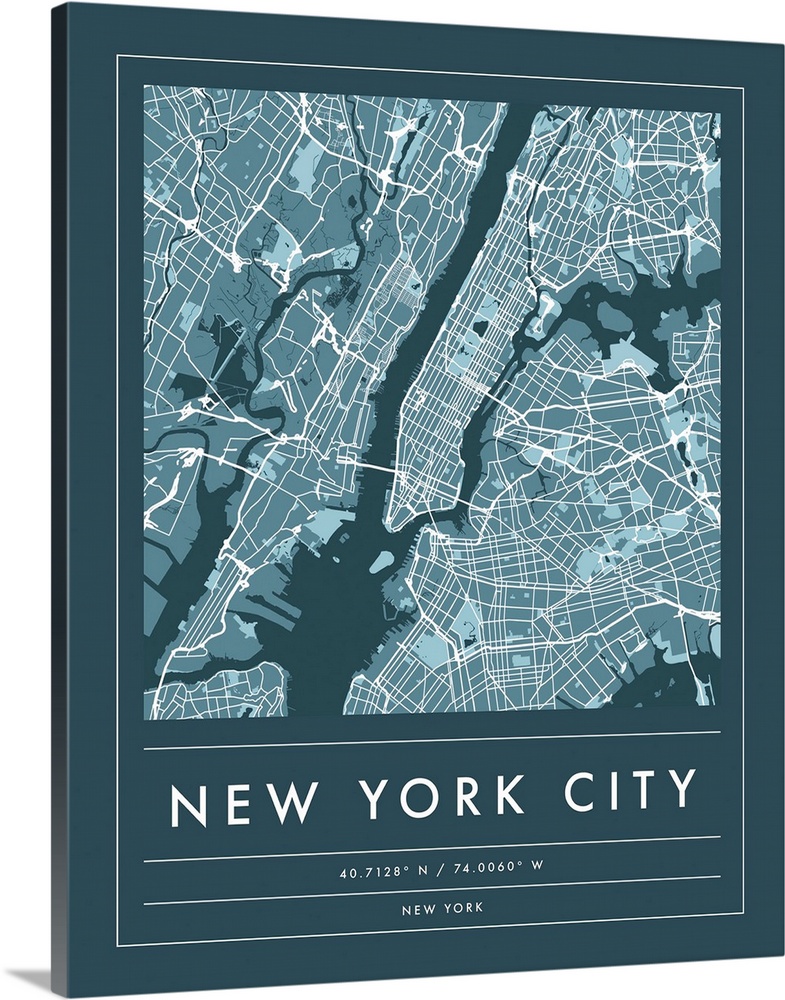Navy minimal city map of New York City, New York, USA with longitude and latitude coordinates.